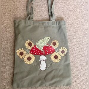Hot Topic Olive Tote with Frog and Mushroom Art